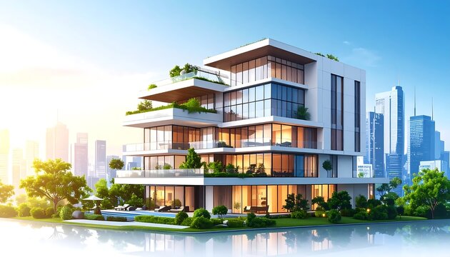 Modern luxury waterfront villa with infinity pool and city skyline.