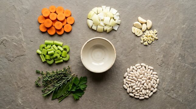 Sliced carrots, chopped onions, minced garlic, celery, fresh herbs, and white beans arranged in a circle around an empty ceramic bowl on a textured grey slate countertop, top-down view.