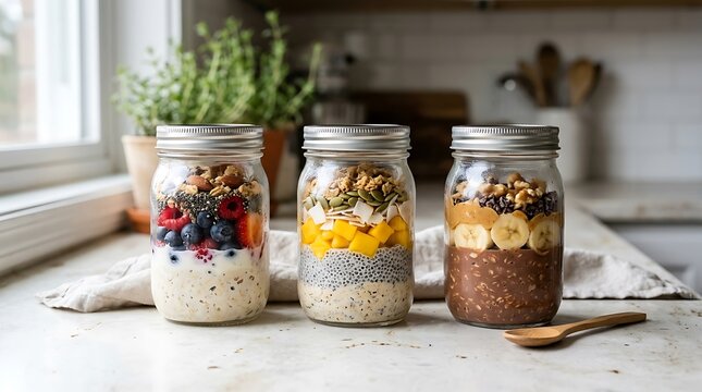 Three glass mason jars filled with layered overnight oats, chia pudding, fresh fruits, berries, nuts, and chocolate sit lined up on a light kitchen countertop near a sunny window.