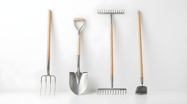Set of four essential gardening tools including a rake, shovel, pitchfork, and hoe on a white background