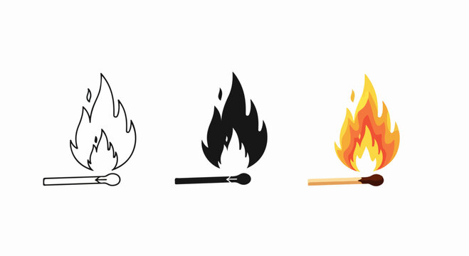 Stages of fire ignition from matchstick illustration