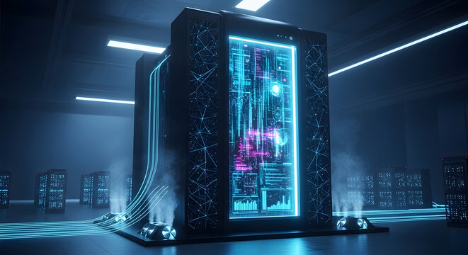 Futuristic Quantum Computer Server Rack in High Tech Cybernetic Datacenter with Neon Glow and Cooling Mist