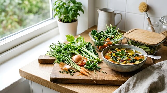 Fresh green vegetables, carrots, and onions lie on a wooden cutting board next to a ceramic bowl of vegetable soup and glass prep containers on a sunlit kitchen window counter.