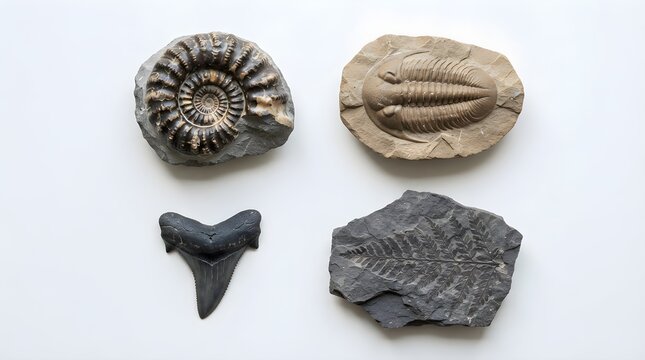 Four prehistoric fossils including ammonite trilobite and shark tooth isolated on white background