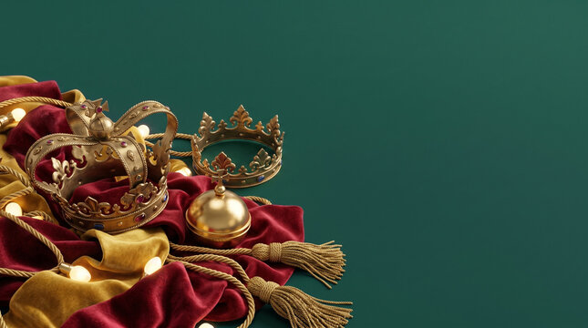 Regal Three Kings Day background with golden crowns, globus cruciger, velvet drapery, and lights