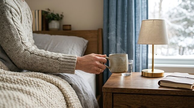 A person sitting in bed wearing a cozy knit sweater holds a steaming mug of hot tea beside a wooden nightstand with a lamp, book, and a view of a snowy winter landscape through the window.