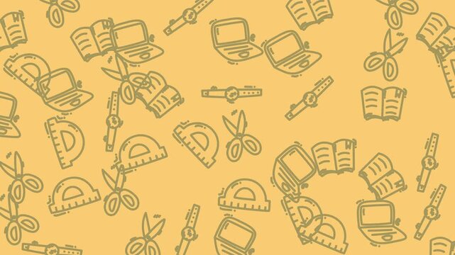 Notebooks, scissors, protractors, watches, laptops, school supplies education pattern on yellow background with graphic icons. Suitable for educational designs.
