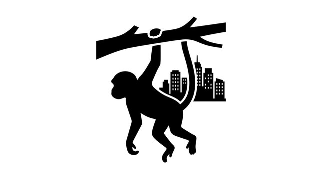 Monkey figure hangs upside down on a thick branch with a distant city skyline vector silhouette.