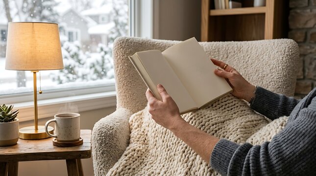 A person relaxing in a cozy armchair covered with a knit blanket, holding an open blank book near a lit table lamp and mug of hot tea beside a snowy window view outside.