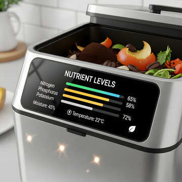 Smart electronic kitchen composter showing nutrient levels and organic food waste on a digital screen