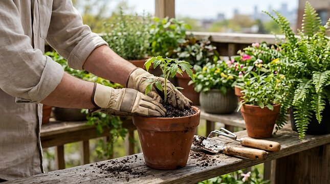 Hands wearing gardening gloves planting a green potted plant in a terracotta pot filled with soil, set on a wooden bench among various potted plants and garden tools on a sunny balcony.