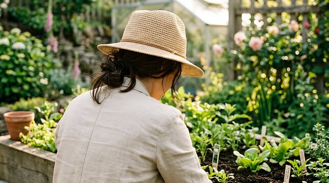 Back view of a woman wearing a straw hat tending to a lush garden with fresh green vegetables, herbs, and flowering plants near a greenhouse on a bright, sunny day outdoors.