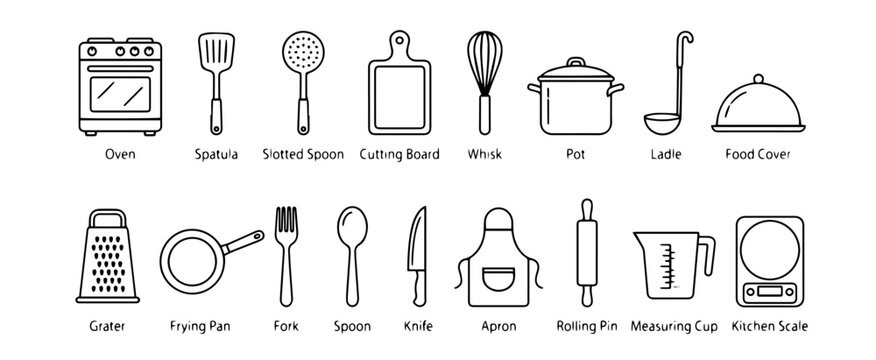 Kitchen utensil and cooking tool outline vector line icons set