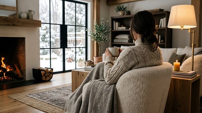 Rear view of a woman sitting in a fuzzy armchair holding a warm mug in a cozy living room with a crackling fireplace and snowy trees visible through double glass doors.