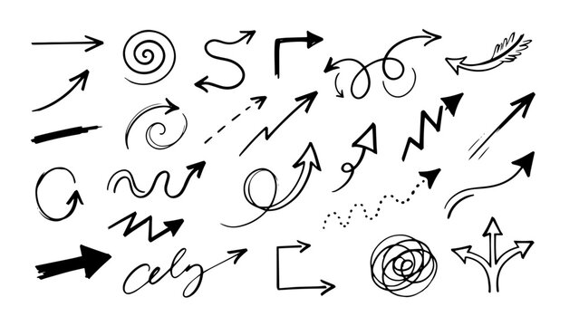 Hand drawn scribble arrow line art and sketch vector icons set on white
