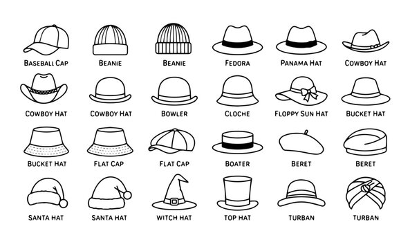 Hat and headwear vector set featuring assorted classic and traditional hat styles.