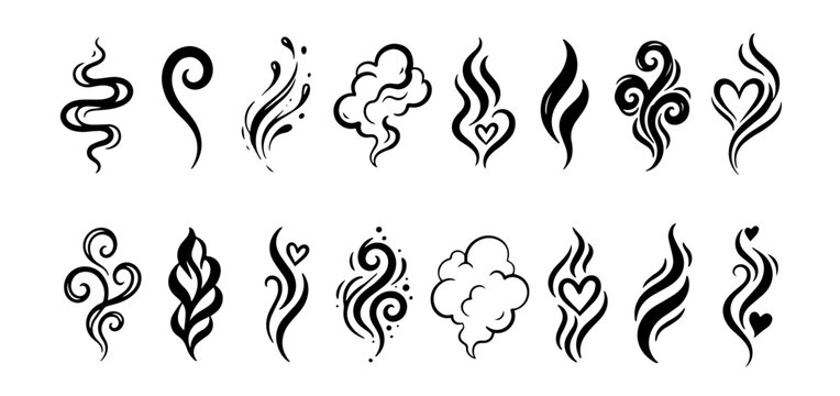 Aroma steam smell smoke and fragrance trail black vector icons set