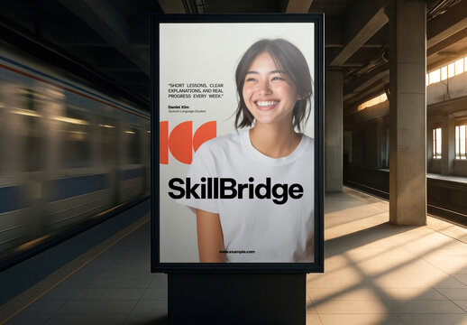 Asian Woman Smiling On Subway Ad Mockup PSD For Clean Brand Poster Display