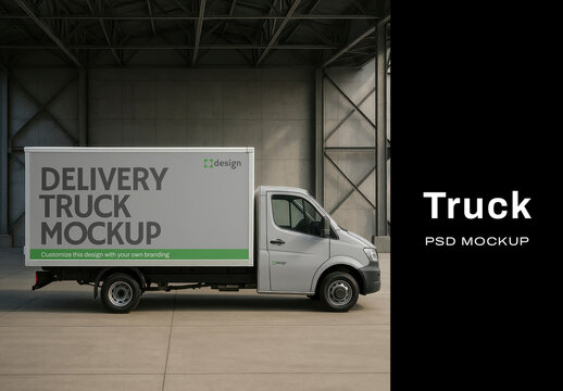 Delivery Truck Mockup PSD In Warehouse Side View Of White Cargo Van