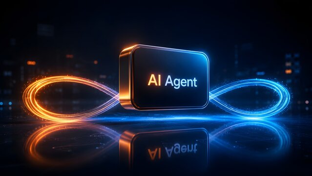 Metallic block with AI Agent text inside a glowing infinity loop. Concept of artificial intelligence automation and machine learning technology.