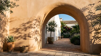 Fototapeta premium Soft sunlight casts leafy shadows across a warm beige arched doorway leading into a serene Mediterranean courtyard filled with potted plants and lush green foliage outdoors.