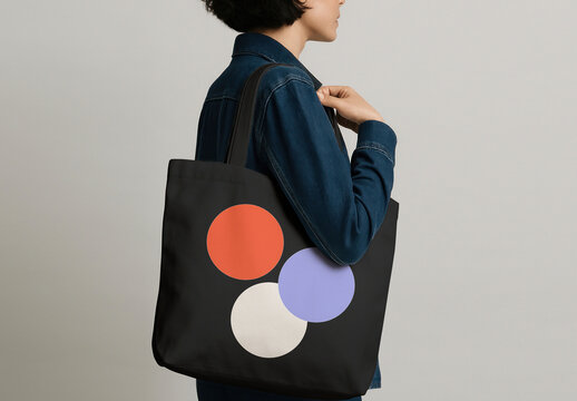 Female Mockup PSD Of Asian Woman Carrying Black Tote Bag With Colorful Circles