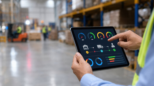 Freight forwarding software dashboard displayed on tablet in warehouse environment showing logistics and supply chain management