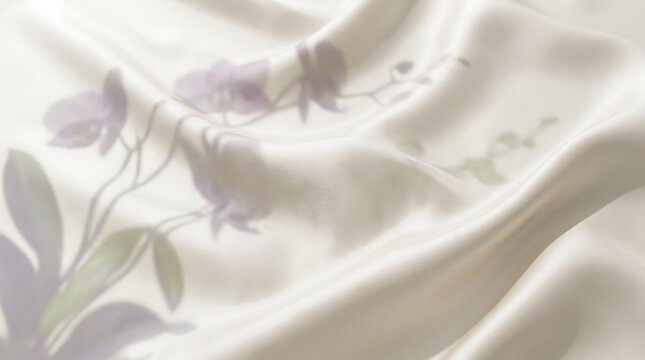 Soft lavender flower shadows are projected onto smooth, flowing ivory silk fabric, creating a serene floral pattern with gentle folds and delicate natural lighting details.