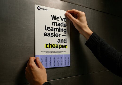 Hand Holding A Flyer Mockup On A Wall Editable PSD Template