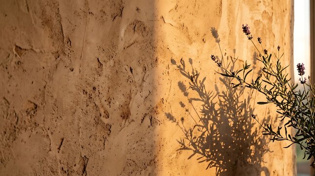 Warm golden sunlight highlights a rough textured plaster wall, casting the soft, intricate shadow of a flowering lavender plant positioned near the edge of the frame.