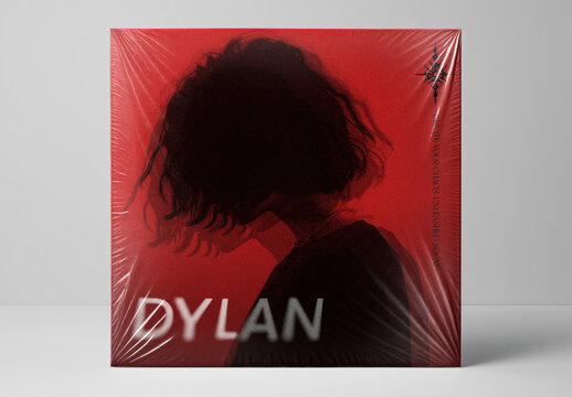 Red Square Album Mockup PSD Featuring A Silhouetted Woman With Curly Hair