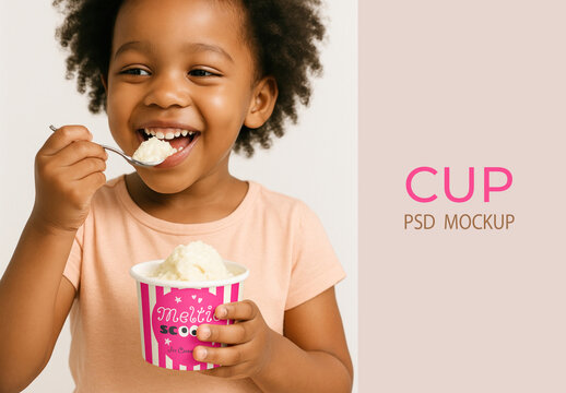 Smiling Black Girl Holding Ice Cream Cup Mockup PSD On Pastel Background