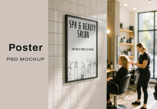 SPA Salon Poster Mockup PSD With Framed Wall Art And Stylist With Client