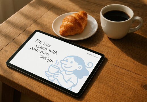 Tablet Mockup With Coffee In Morning On Workspace PSD