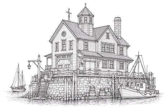 classic harbor building, harbor building, port building, maritime architecture, waterfront warehouse, dockside structure, seaport terminal, coastal building, shipping port, harbor infrastructure, mari