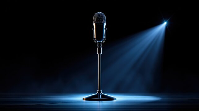Classic vintage stand up microphone illuminated by single blue spotlight on dark empty stage ready for performance speech or live stand up comedy show