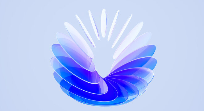 3D Render of Abstract Blue Glass Petals Forming Spiral Flower Shape Modern Digital Art Concept background