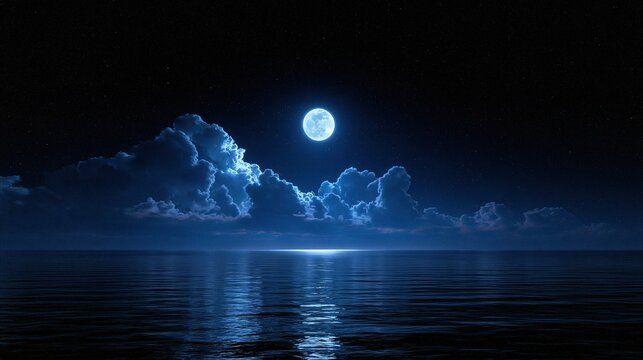Bright full glowing moon above calm dark ocean with fluffy clouds and starry night sky shows magical peaceful night seascape with moonlight reflection on water