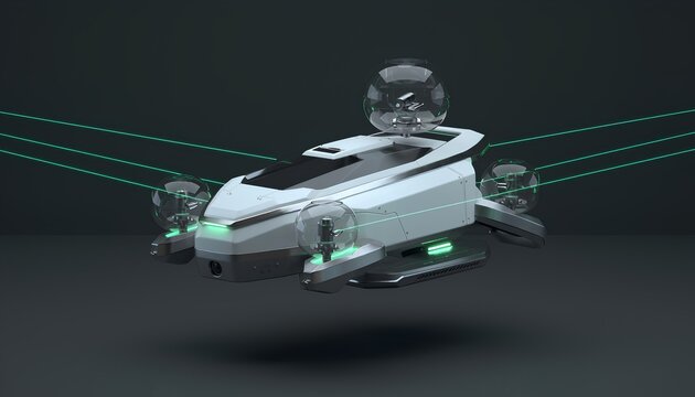 3D illustration of a floating autonomous planetary rover featuring a matte white and titanium chassis with clear glass sensor domes and neon green lasers