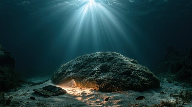 Ancient carved stone covered with marine algae resting on deep ocean sea floor with beams of sunlight penetrating clear blue water showing lost underwater historic artifact