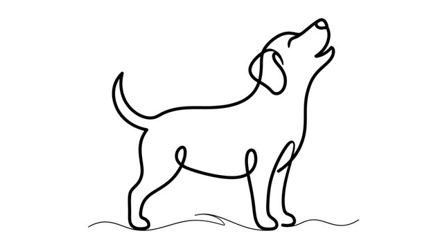 Minimalist single line drawing of cute barking dog created as a simple black vector graphic illustration