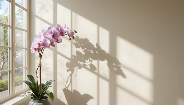 A pink orchid in a pot stands near a window, casting a detailed shadow along with the window frame shadow onto a plain beige interior wall under warm, natural morning sunlight.