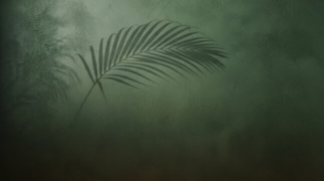dark green wall texture backdrop with tropical palm leaf shadow overlay