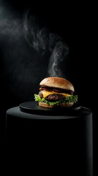 gourmet burger on black round podium under focused soft spotlight, surrounding background fading into deep darkness