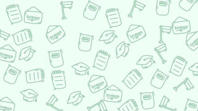 Green background doodle sketches of science labels, graduation caps, note pads, and school flags suitable for educational presentations or design projects.