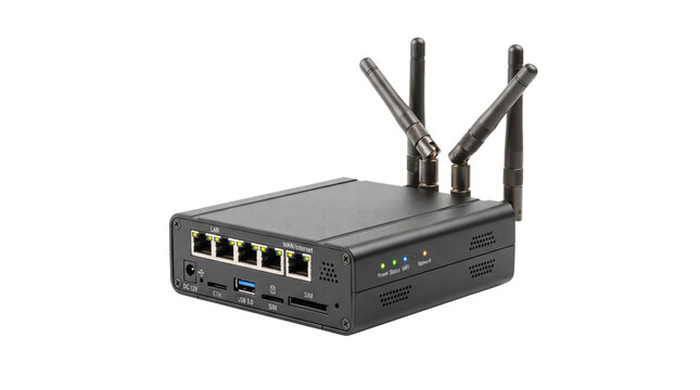 Industrial wireless router with antennas, professional network gateway device, black hardware for internet connectivity and data transfer