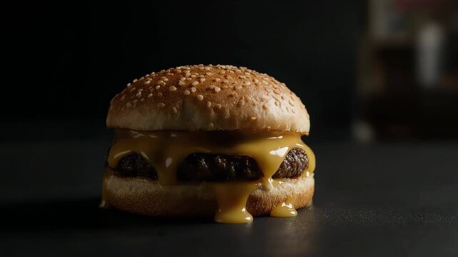gourmet burger on black round podium under focused soft spotlight, surrounding background fading into deep darkness