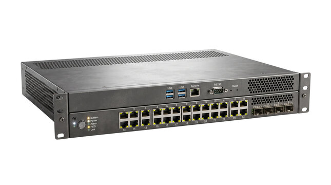Professional network switch for data center rack, industrial ethernet hub with multiple ports, enterprise server hardware on white background