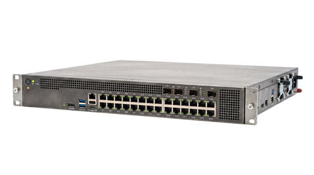 Enterprise network switch with ethernet ports, rackmount server hardware for data center, professional networking equipment on white