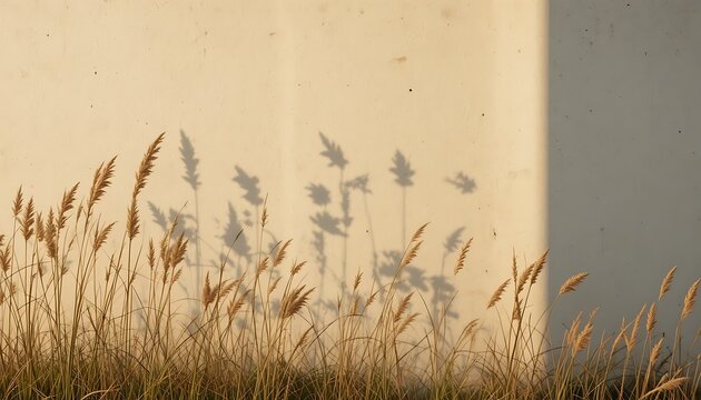 Golden sunbeams hit a light neutral wall, casting soft botanical shadows of tall wild grasses and seed heads swaying near the base under warm, late afternoon natural daylight.